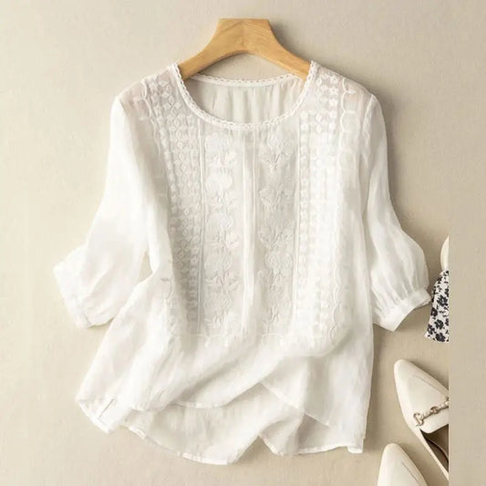 Camille | Floral relaxed blouse with artisan embroidery and easy comfort