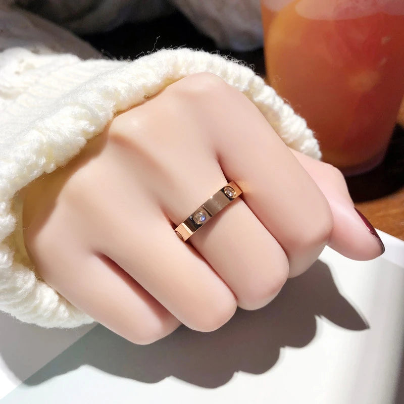 Trendy Stainless Steel Rose Gold Love Ring Shiny Zircon Jewelry for Couples & Wedding Gift Milanni Fashion