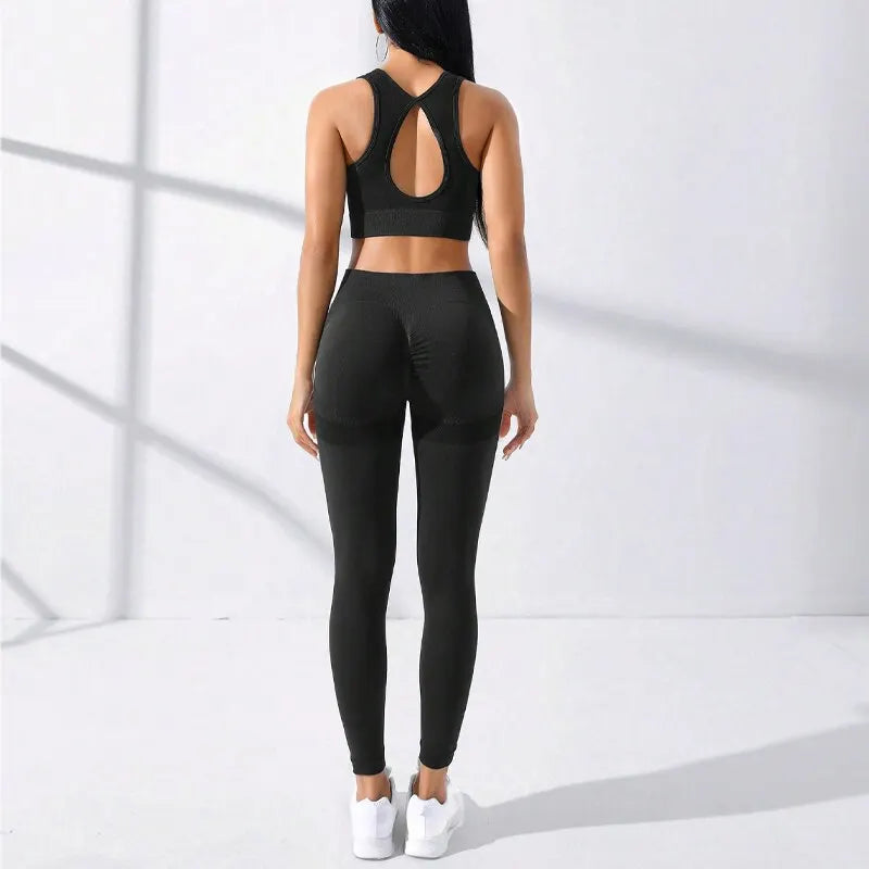 Basic Seamless High Stretch Yoga Set Tracksuit Gym Set Crisscross Back Cami Hip-hugging Tummy Control Leggings  Milanni Fashion   