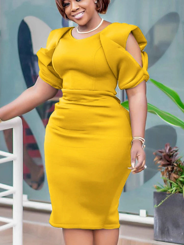 Women Party Dress Bodycon O Neck Cut Out Sleeves Slim Elegant Event Night Club Sheath Gown  Milanni Fashion Yellow XL 