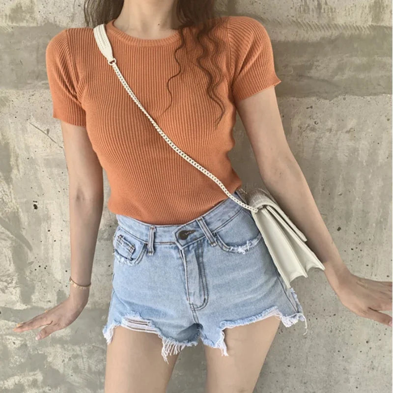 Plain Round Neck Knit Blouse for Women Short Sleeve Summer Ice Silk Shirt Comfortable Casual Wear Milanni Fashion