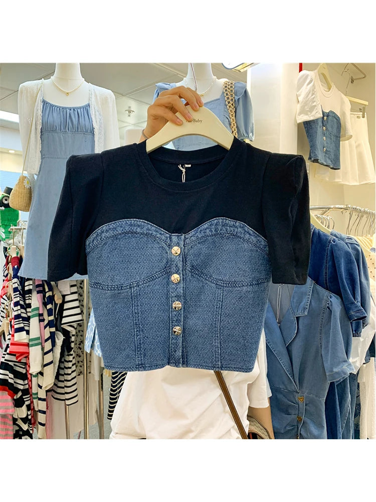 Patchwork Denim Short Sleeve Casual Crop Top Summer Women's French Vintage T-Shirt Milanni Fashion