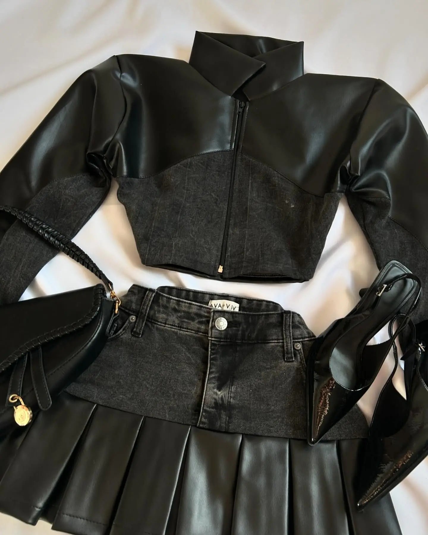 PU Leather Spliced Denim Black Skirt Harajuku Gothic Zipper Jacket Two-Piece Set for Women Milanni Fashion