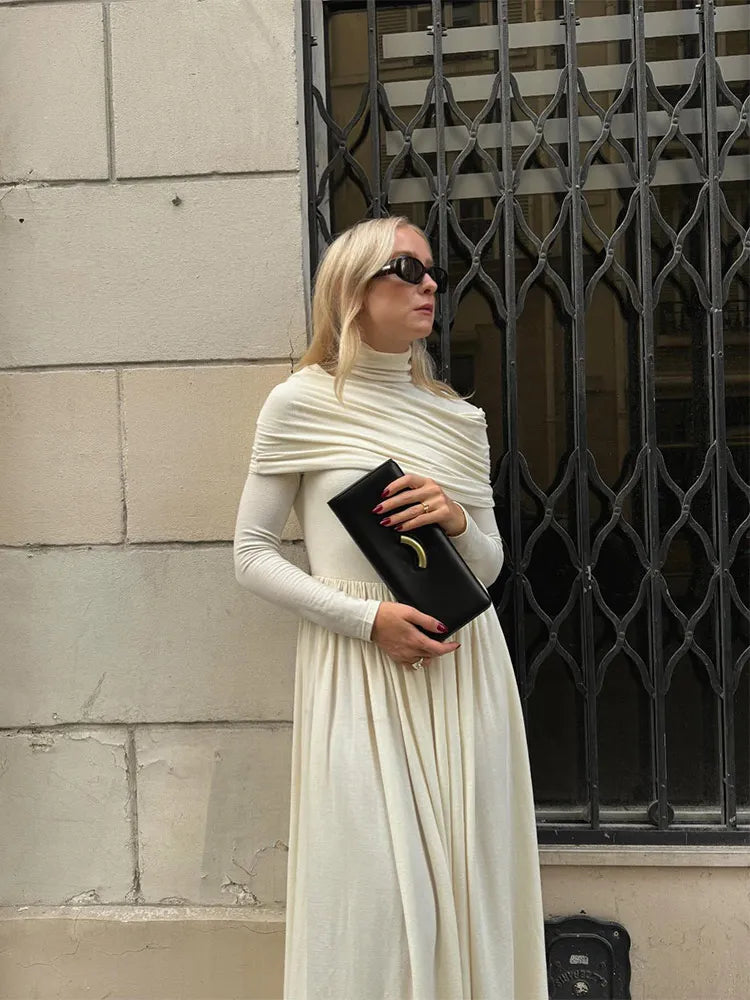 Elegant Solid Turtleneck Pleated Maxi Dress For Women Fashion Patchwork Long Sleeves High Waist Slim Robe Chic Lady Fall Dress Maxi Dress Milanni Fashion   