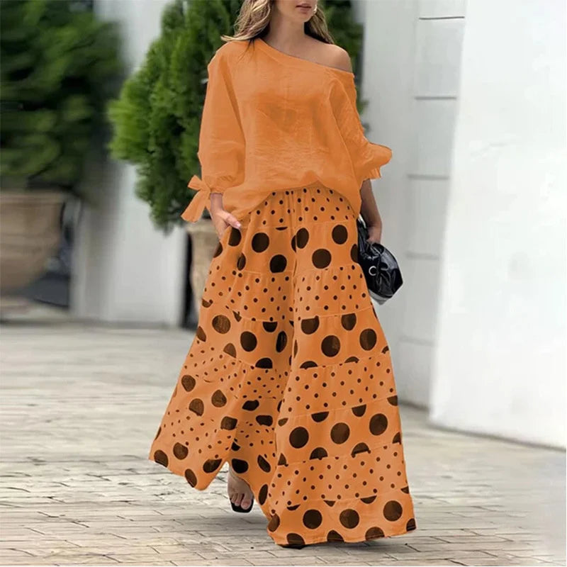 Solid Color Nine-quarter Sleeve Slant Collar T-Shirt Women Two Piece Set Dot Prints Multi-layer Splice Cake Skirt Suit Milanni Fashion