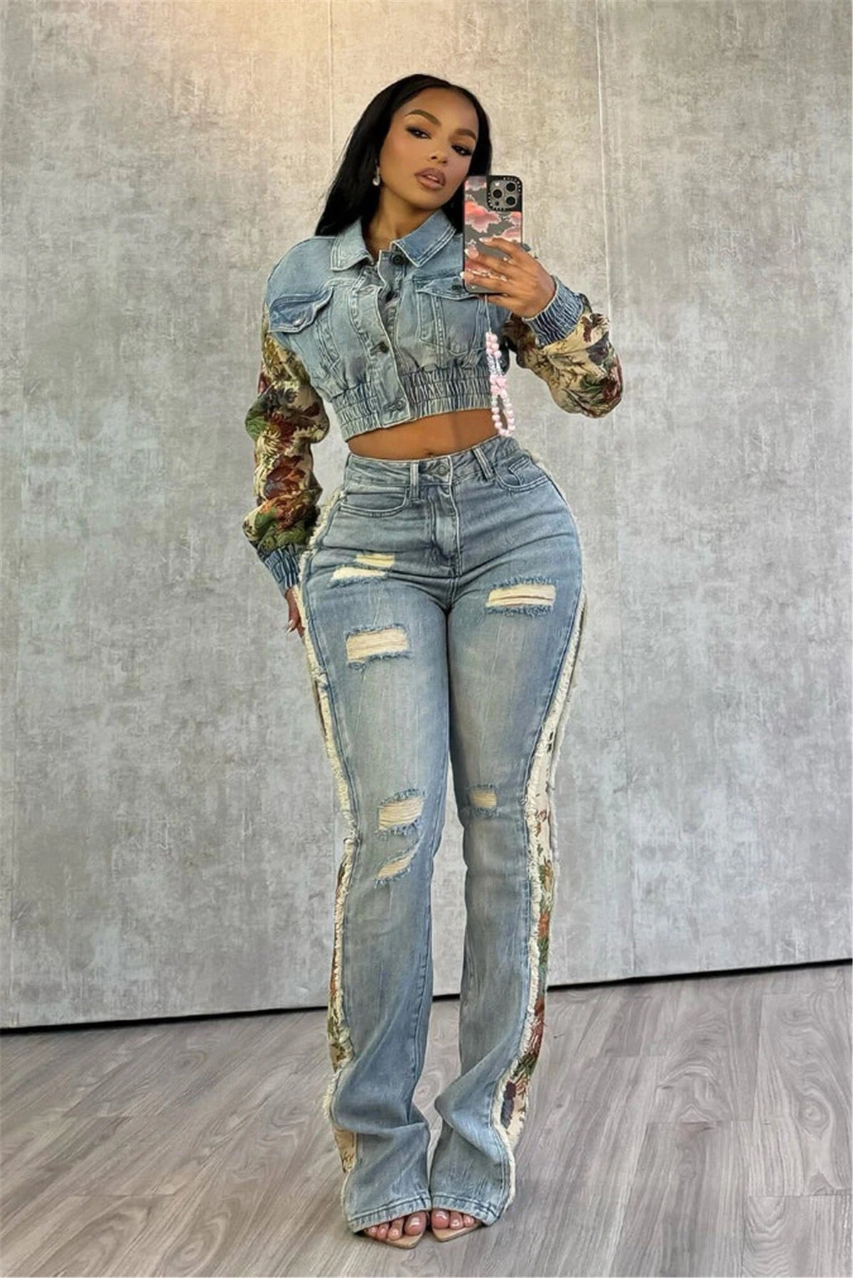 Printed Splicing Denim Long Sleeve Jacket and Piercing Jeans Long Pants Color Contrasting Two Piece Set  Milanni Fashion   