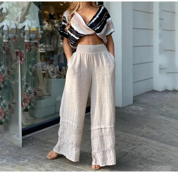 High Waist 2-Piece Set V-Neck Bat Sleeve Crop Top & Flared Pants Women's Elegant Streetwear Milanni Fashion