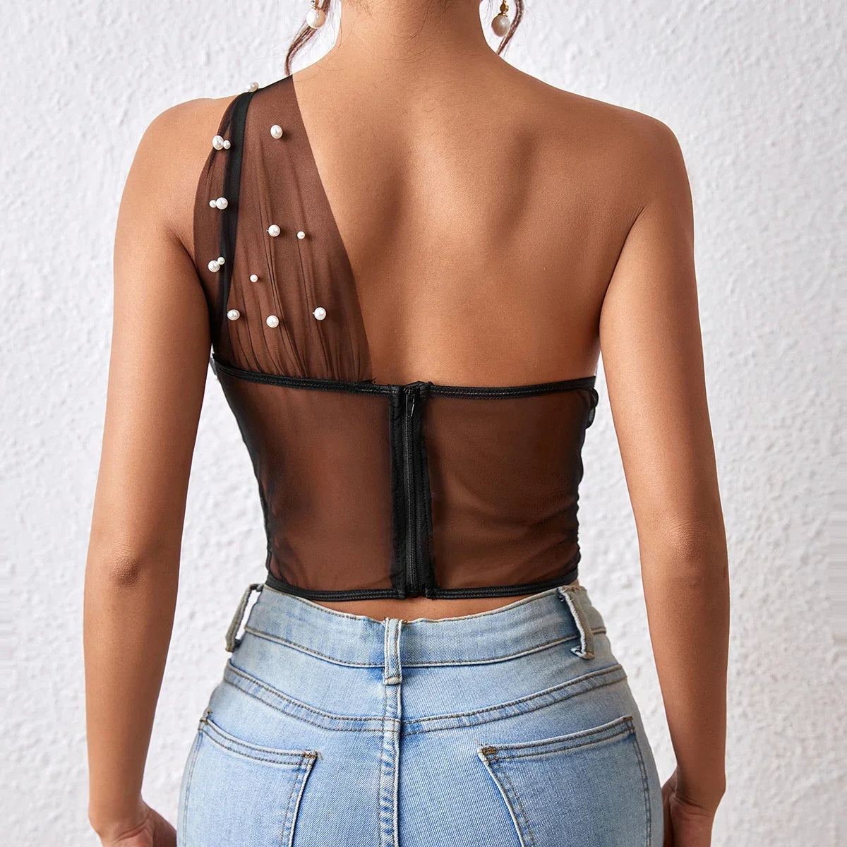 Backless Lace Up Crop Top, Pearl Chain Decoration Sexy Hollowing Mesh See Through Asymmetrical Halter-neck Vest  Milanni Fashion   