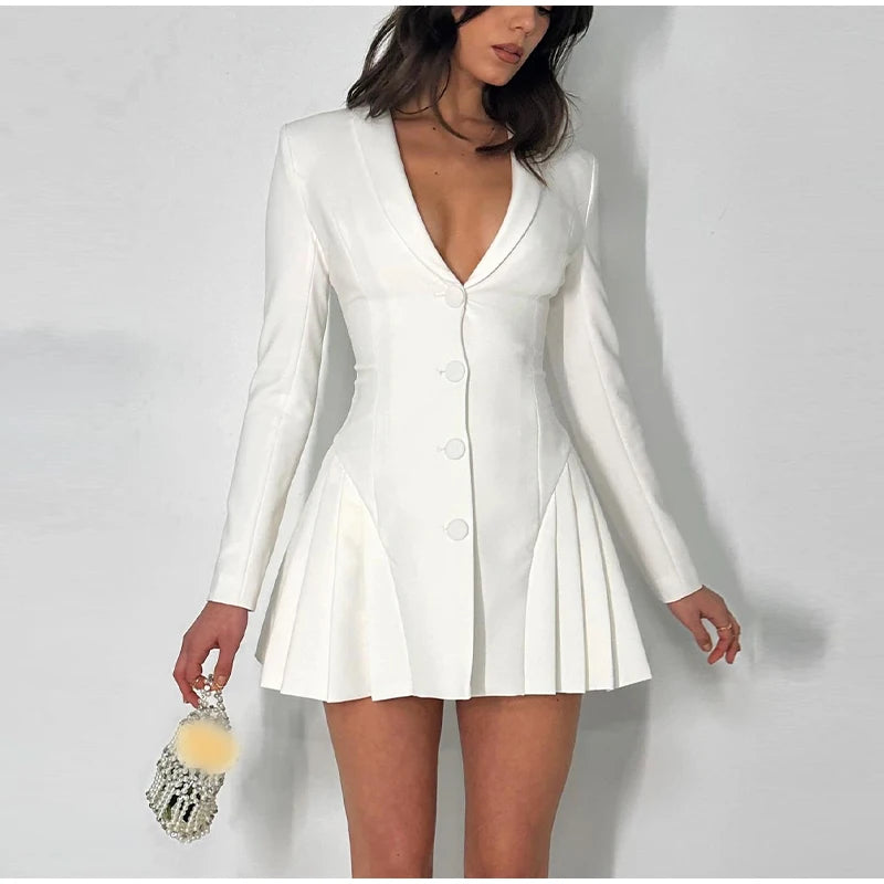 Single Breasted Pleated Long Sleeve Mini Dress Sexy V Neck High Waist Women's Fashion Dress Milanni Fashion