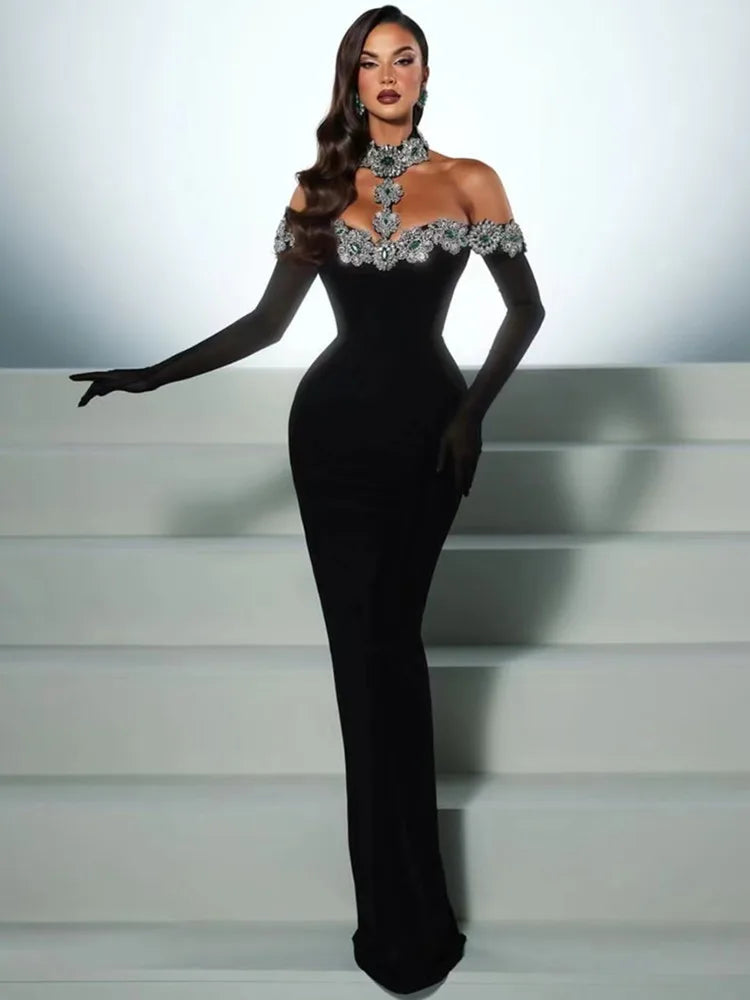 Sexy Diamonds Crystal Black Maxi Long Bodycon Elegant Evening Club Party Dress Maxi Dress Milanni Fashion   