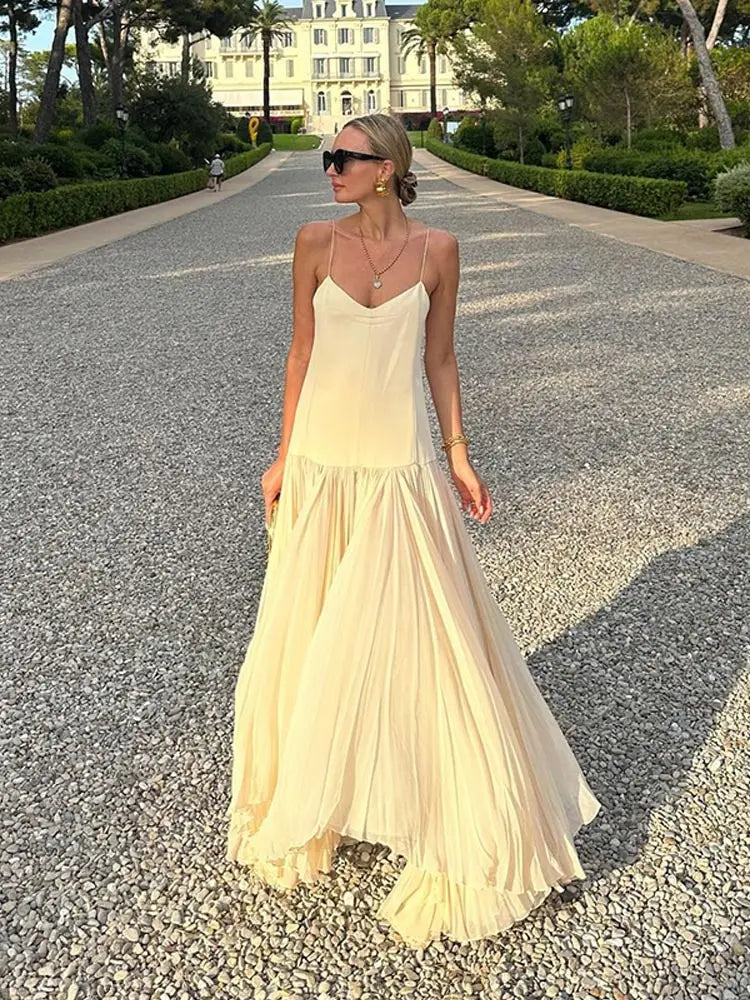 Elegant Mesh Hem Patchwork Maxi Dress For Women Fashion V-neck Backless Sleeveless Sling Dress Maxi Dress Milanni Fashion Apricot L 