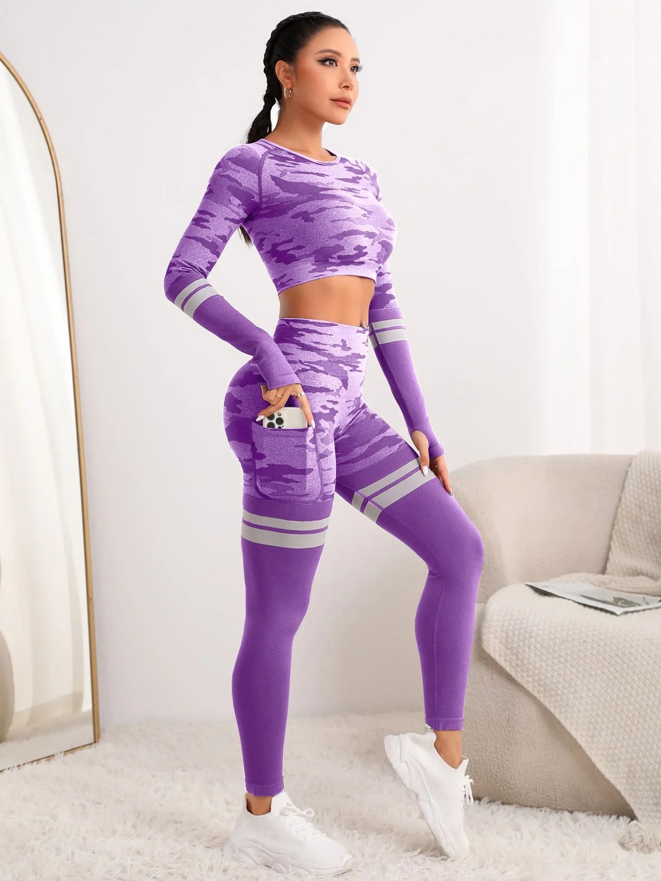 Seamless Yoga Set for Women Long Sleeve Crop Top & High Waist Leggings Gym Fitness Suit Milanni Fashion Purple M