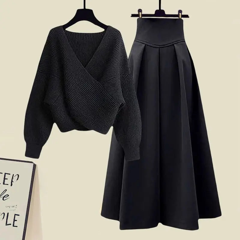 Cover Slim Sweater and Long Skirt Two-piece Set - Women's Spring Suit  Milanni Fashion Black and black XL  60-70KG CHINA