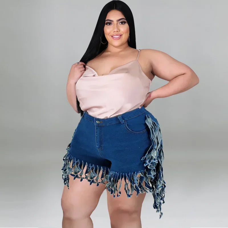 Plus Size Shorts High Waist Denim Shorts with Sexy Tassel Bandage Detail Night Club Sweatpants for Women Milanni Fashion