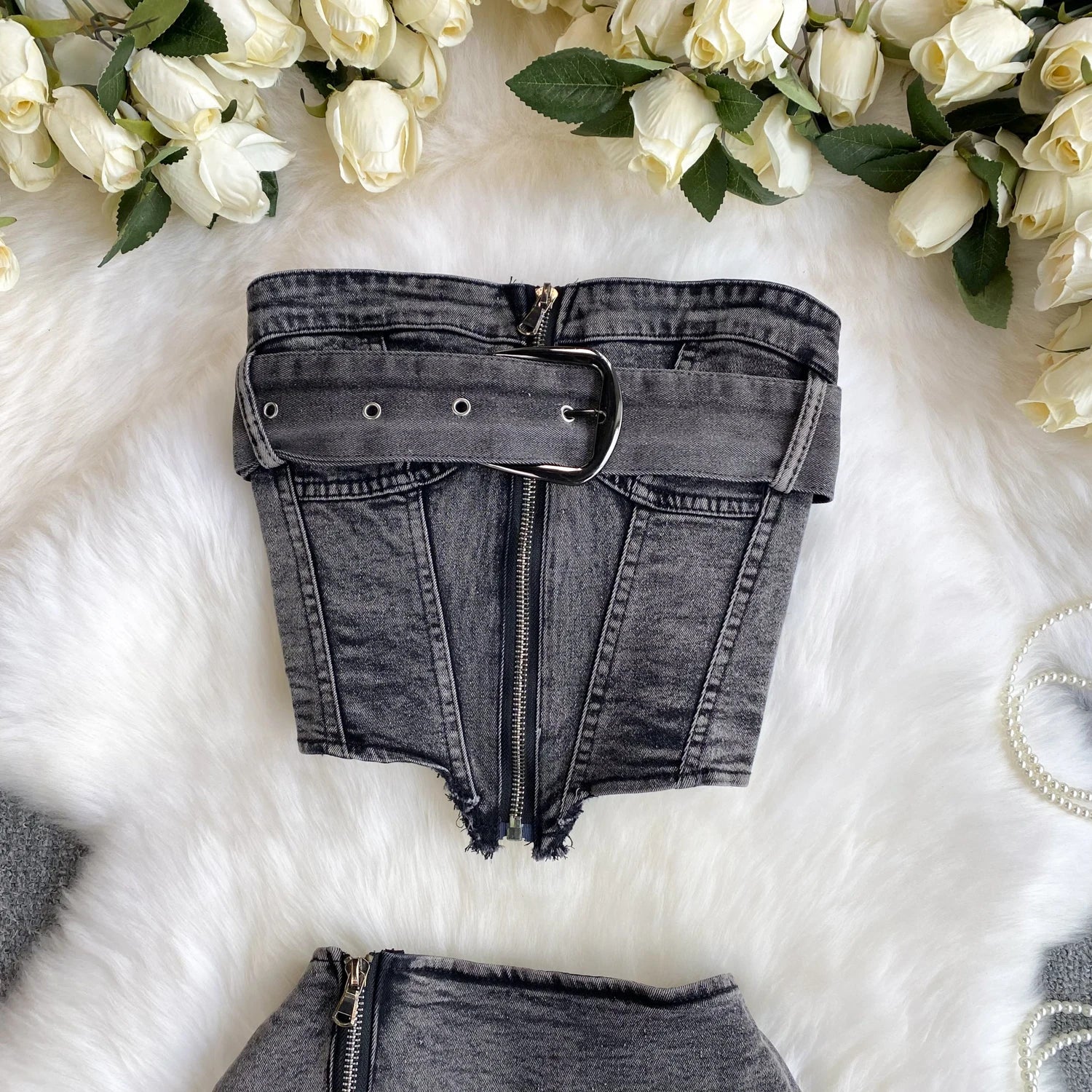 Chic Zipper Sashes Irregular Top And Belt Pleated Jeans Mini Skirt Women Two Piece Set  Milanni Fashion   