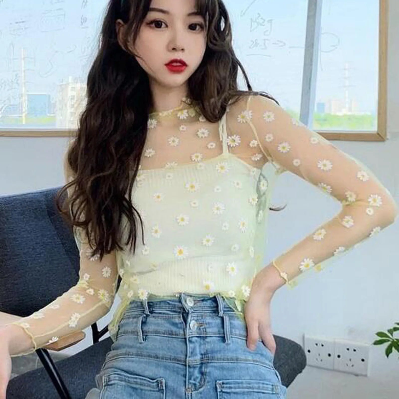 Women Daisy Print Lace Sheer Tops Sexy Tees Long Sleeve Thin Mesh Shirts  Milanni Fashion   