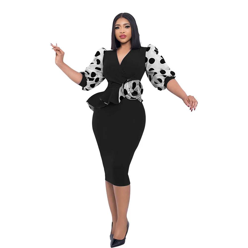 V Neck Puff Sleeve Polka Dot Printed Pencil Dress Elegant Ruffle Bodycon Midi Dress  Milanni Fashion   