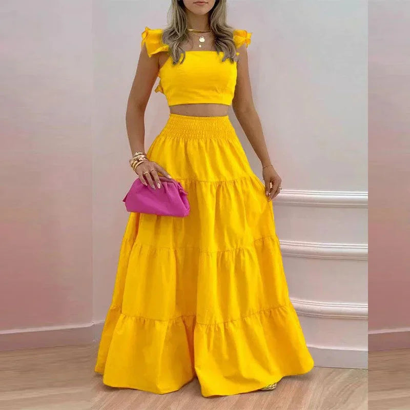 Solid Beach Bohemian Strapless Crop Top and Ruffles Long Skirt Outfit Two Piece Set Chic and Stylish for Summer Vibes Milanni Fashion Yellow S