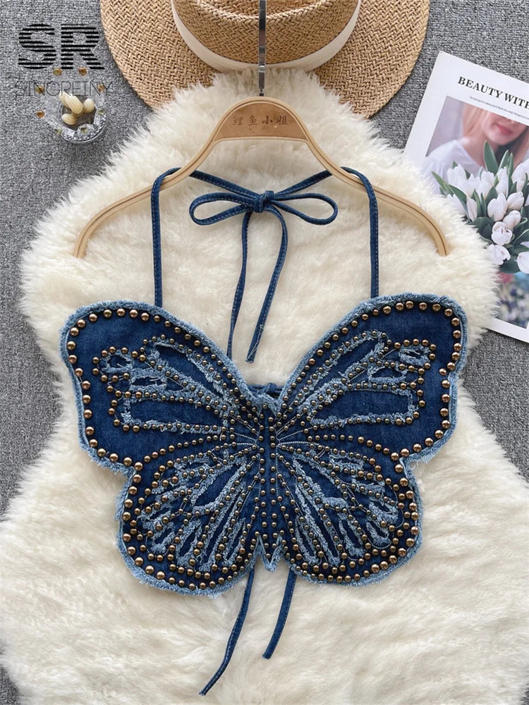 Sexy Halter Denim Tank Top Beading Butterfly Design Spaghetti Strap Cami Women Summer Top Milanni Fashion Blue One Size