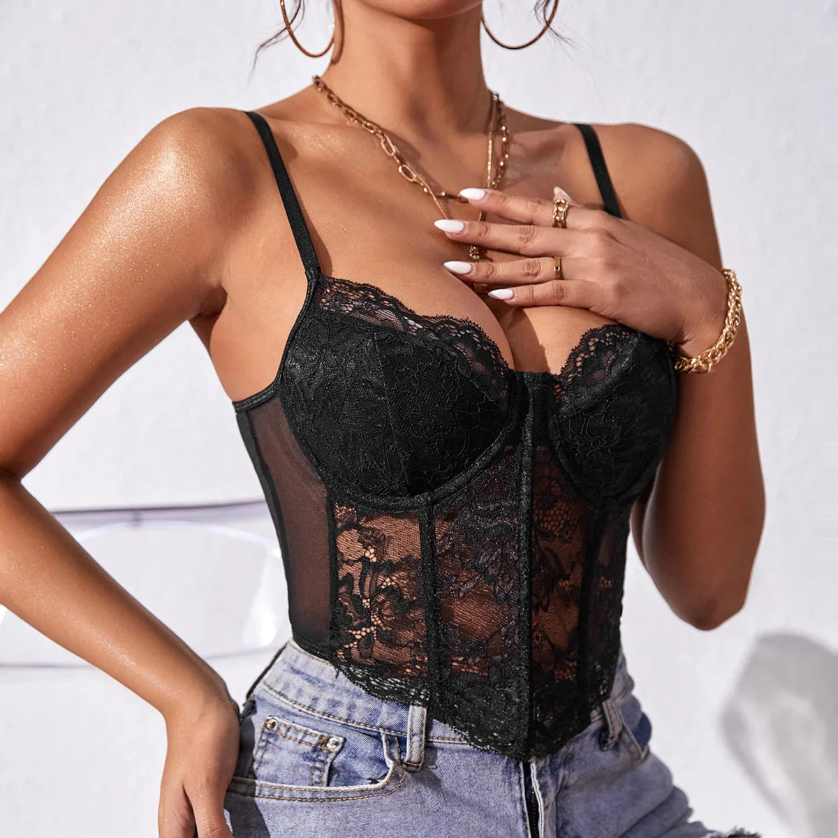 Sexy V Neck Lace Embroidery Hollow Out Spaghetti Strap Slim Crop Top  Milanni Fashion   