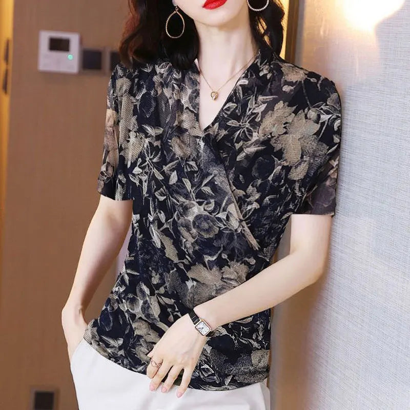 Summer Vintage Floral Shirt Women's V-Neck Slim Spliced Short Sleeve Casual Blouse Milanni Fashion