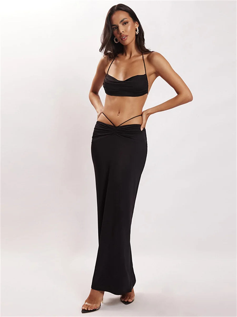 Backless Halterneck Crop Top and Bandage Wrap Long Skirt Summer Women's Two Piece Stylish Set Milanni Fashion