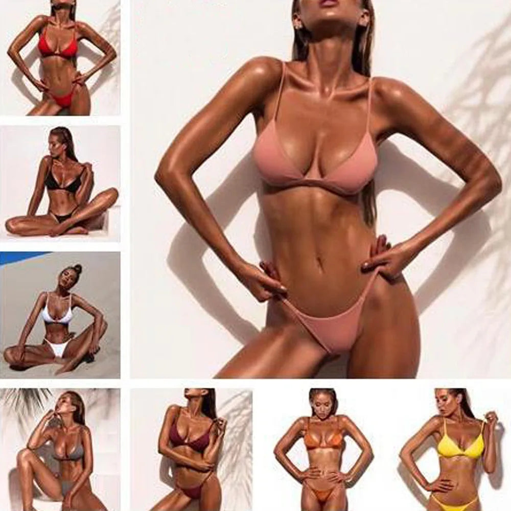 Sexy Bandage Bra and Thong Two-Piece Bathing Suit Solid Color Swimwear Set for Women Milanni Fashion