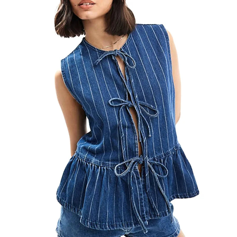 Striped Round Neck Tie Front Sleeveless Ruffle Hem Top Women Casual Fashionable Jeans Blouse Summer Outfit Milanni Fashion Blue M