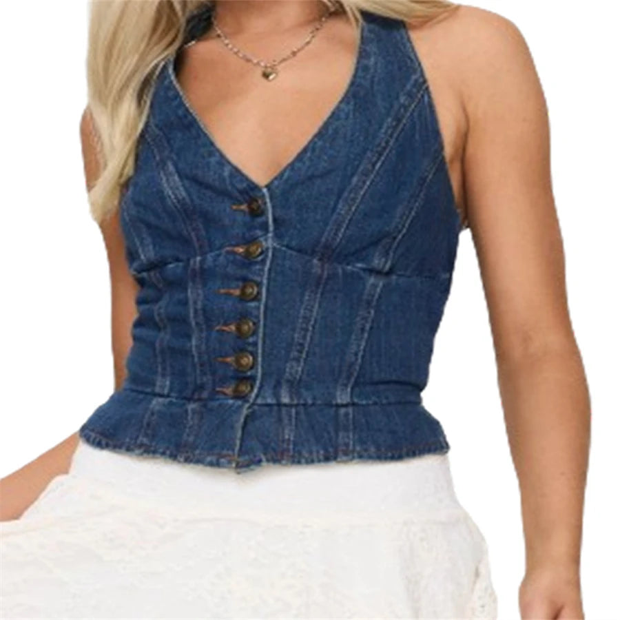 Halter Neck Denim Vest Sleeveless V-Neck Button Up Jean Waistcoat Cropped Tank Top for Women Milanni Fashion Deep Blue M