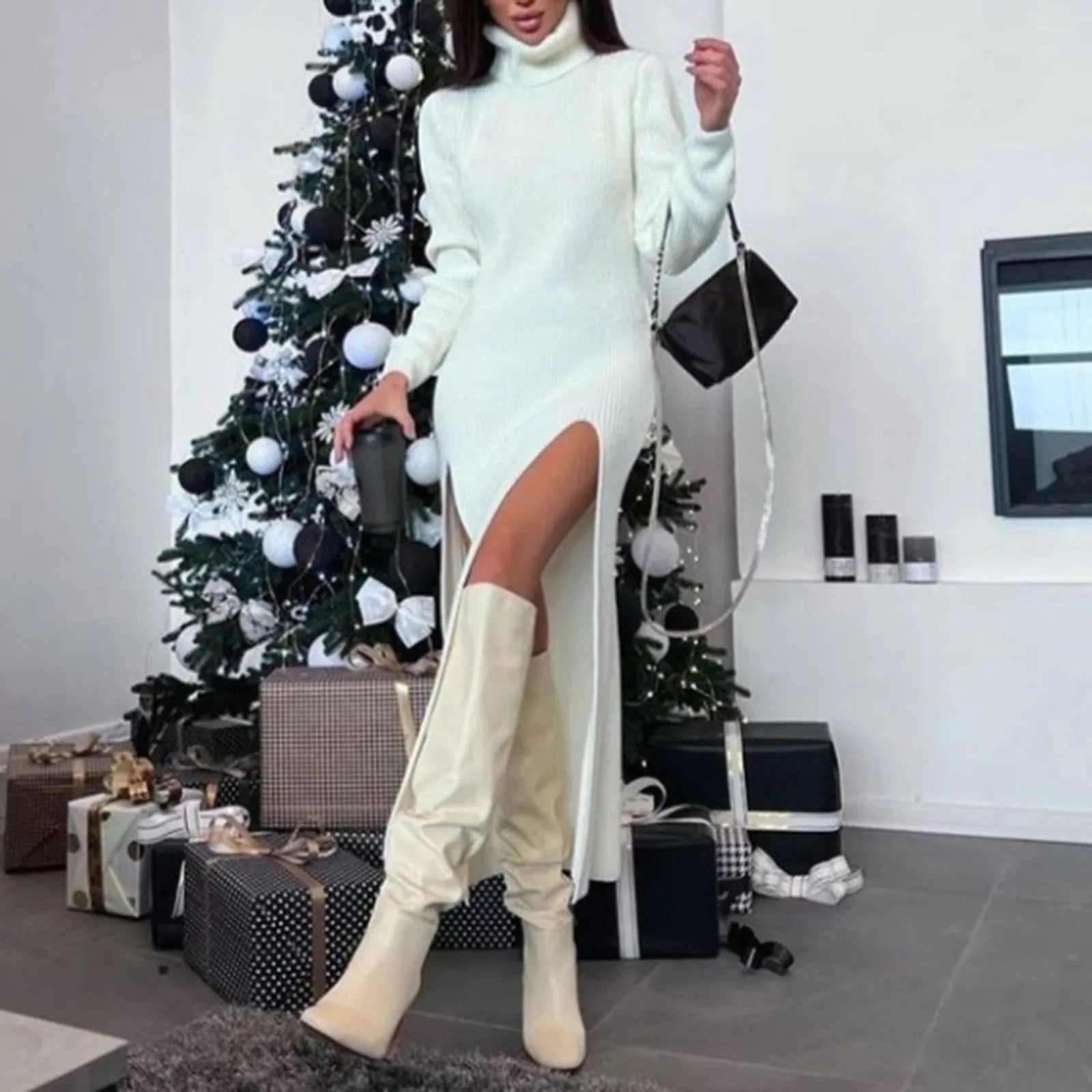 Sexy Bodycon Slit Knitted Sweater Dress Long Sleeve Turtleneck High Split Thigh Woolen Sweater Dress  Milanni Fashion White S CN