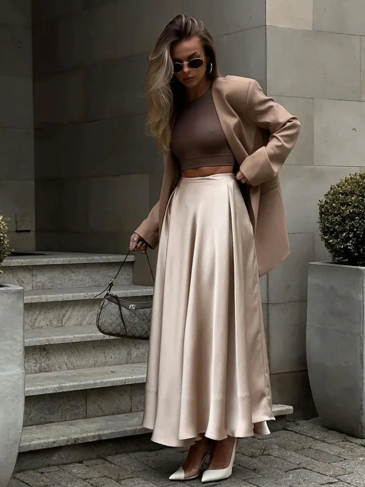 Elegant Women's Satin Silk Long Skirt High Waist Solid Color Trendy Fashion Skirt Milanni Fashion