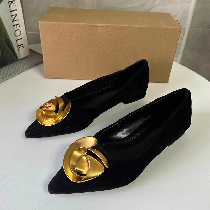 Pointed Toe Women's Flats Elegant Black Shoes with Trendy Metal Flower Design for a Luxury Look Milanni Fashion Black 40