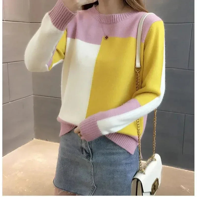 Knitted Ribbed O-Neck Color Contrast Sweater Loose Long Sleeve Wool Pullover Stylish Warm Top for Women Milanni Fashion