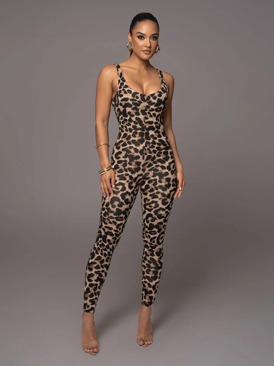 Leopard Print Skinny Nightclub Jumpsuit Spaghetti-Strap Yoga Fitness Outfit Stylish Activewear for Women Milanni Fashion