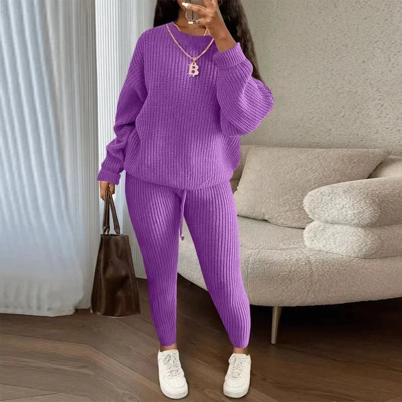 2024 Winter Two Piece Set Women Clothing Casual Solid Round Neck Pullover Loose Pit Knitted Sweater Pants Suit  Milanni Fashion TZ212-10 XXL 