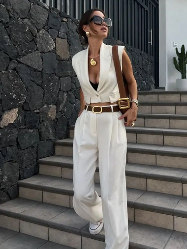 Elegant Sleeveless Women Blazer Vest Suit - V Neck Office Tank Crop Top Wide Pant Set  Milanni Fashion   