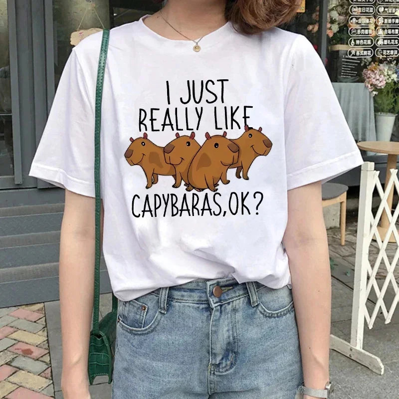 Cute Capybara Cotton T-Shirt for Women Vintage Cartoon Graphic Tee Top Casual Stylish Apparel Milanni Fashion