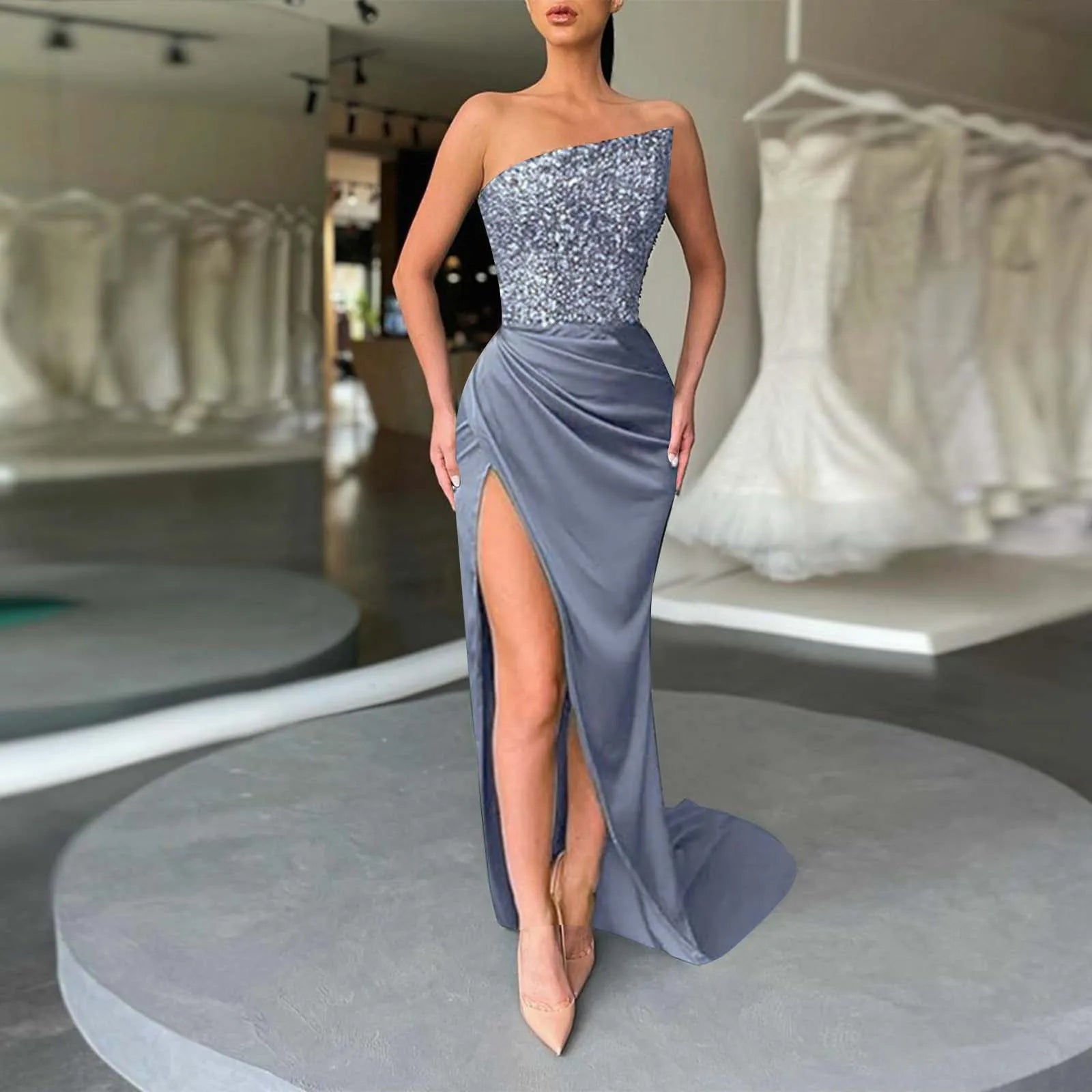 Women's Fashion Solid Color Beaded Sleeveless Long High Split Slim Evening Dress Midi Dress Milanni Fashion Grey S United States