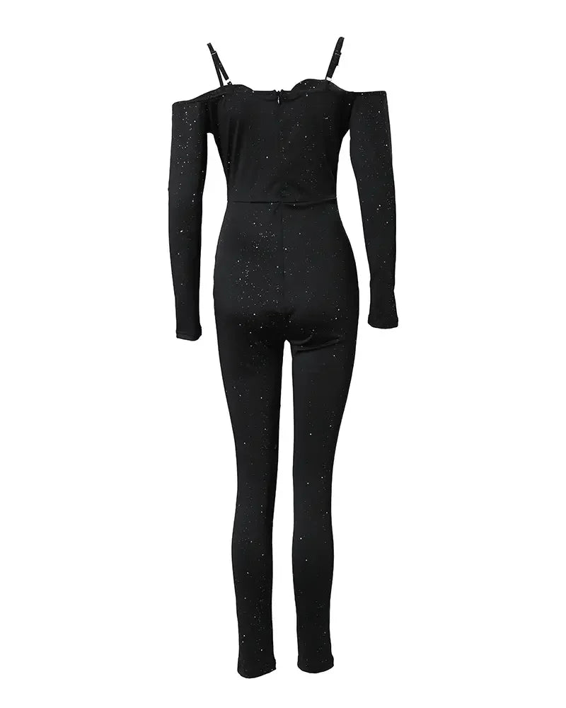 Sexy Party Night Out Jumpsuit Plain Glitter Cold Shoulder Long Sleeve Lace Corset Skinny Jumpsuit Milanni Fashion