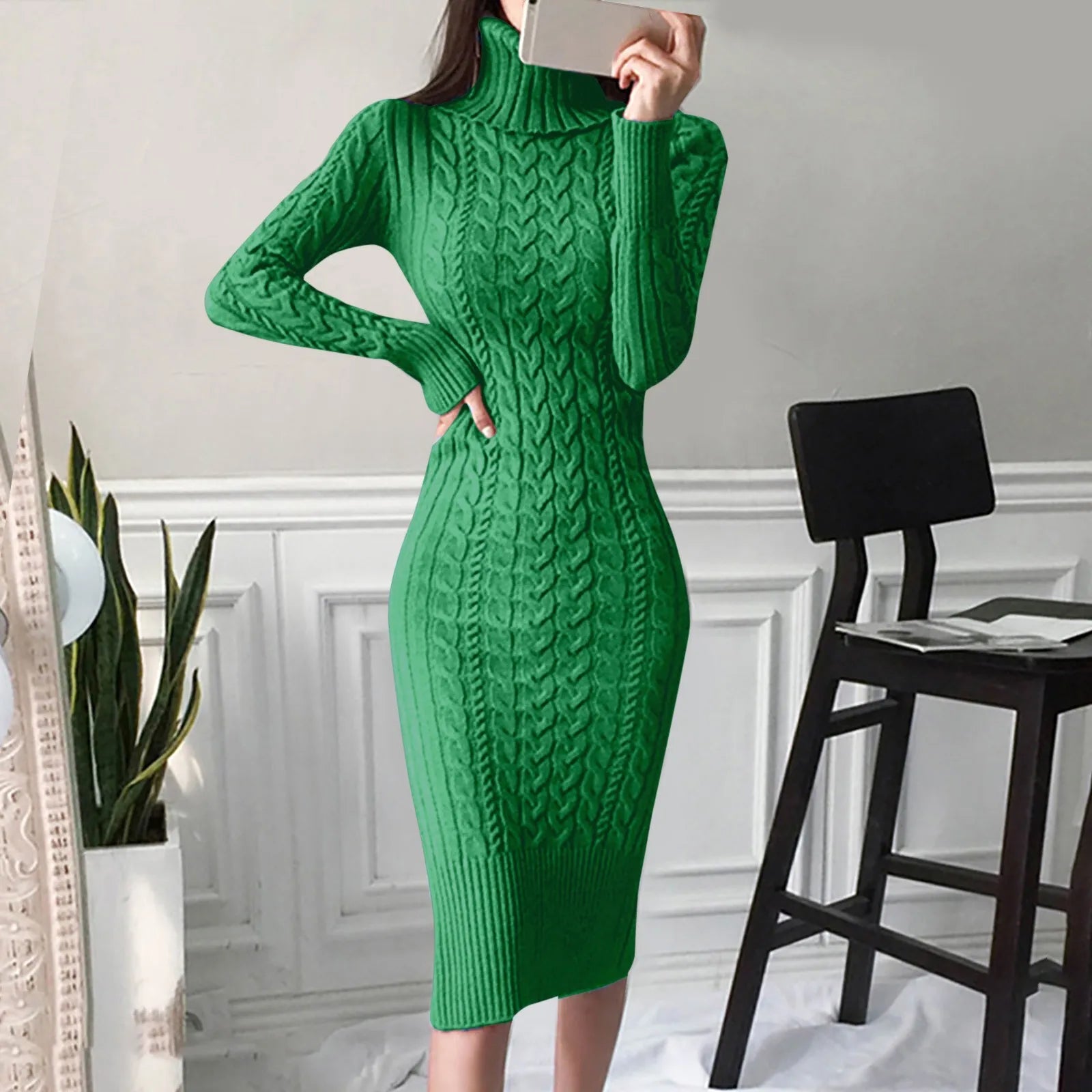 Knitted Dress Turtleneck Long Sleeve Slim and Slim Mid-length Over-the-knee Dress Midi Dress Milanni Fashion Green M CN