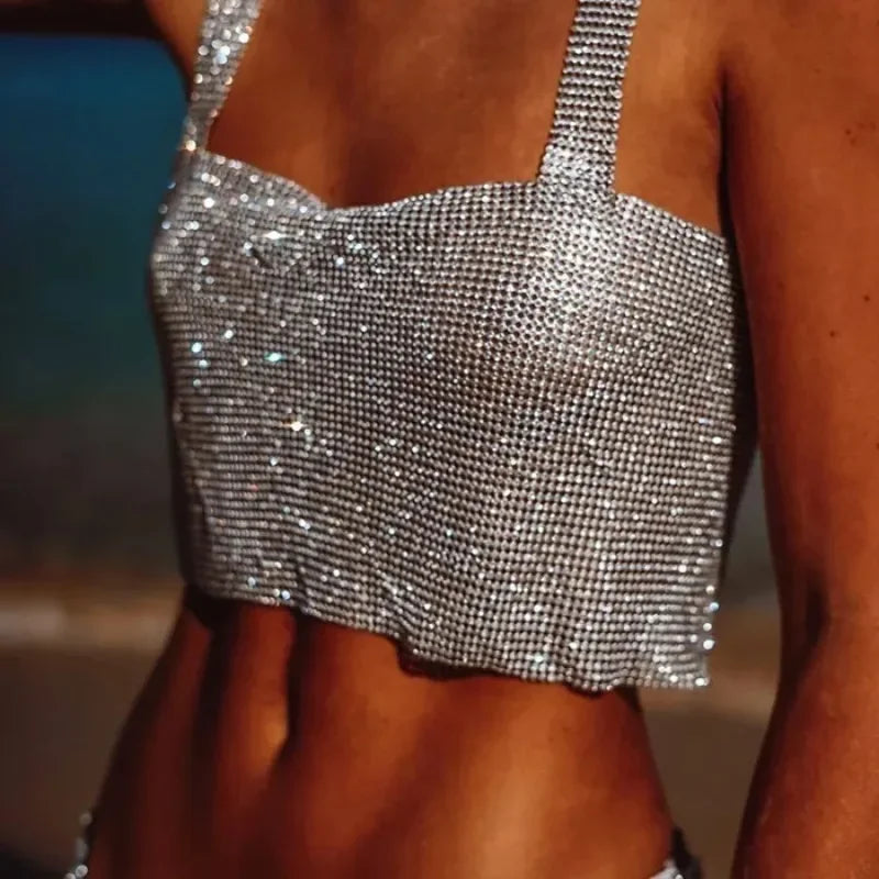 Bling Rhinestones Party Crop Top 2024 Fashion Solid Backless Straps Full Diamonds Sequins Cami Cropped Top  Milanni Fashion   