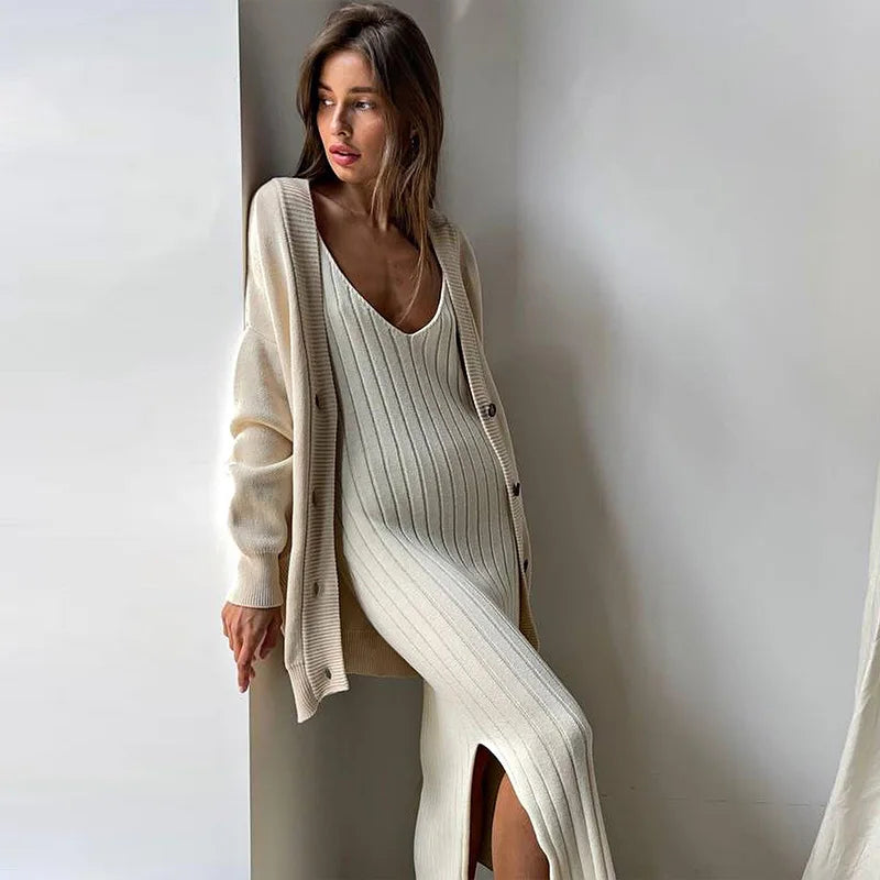 Women Knitted Slip Dress - Temperament Leisure Vertical Stripe Sleeveless V-neck Split Long Dress Midi Dress Milanni Fashion   