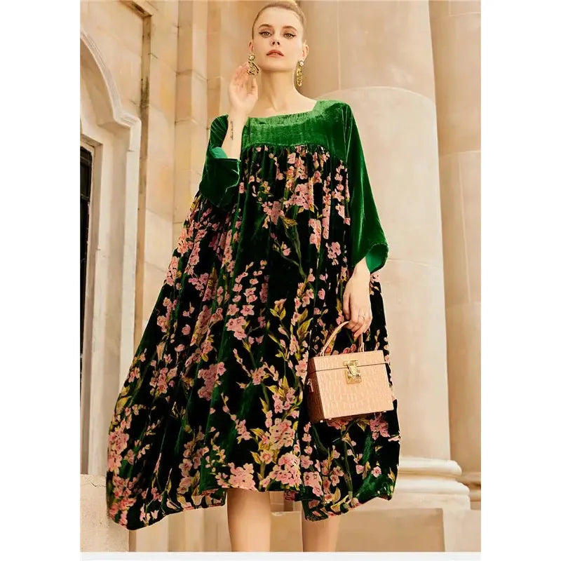 Women's Velvet Printed Dress Big Size Loose Casual Elegant Long Sleeve A-line Dress  Milanni Fashion   