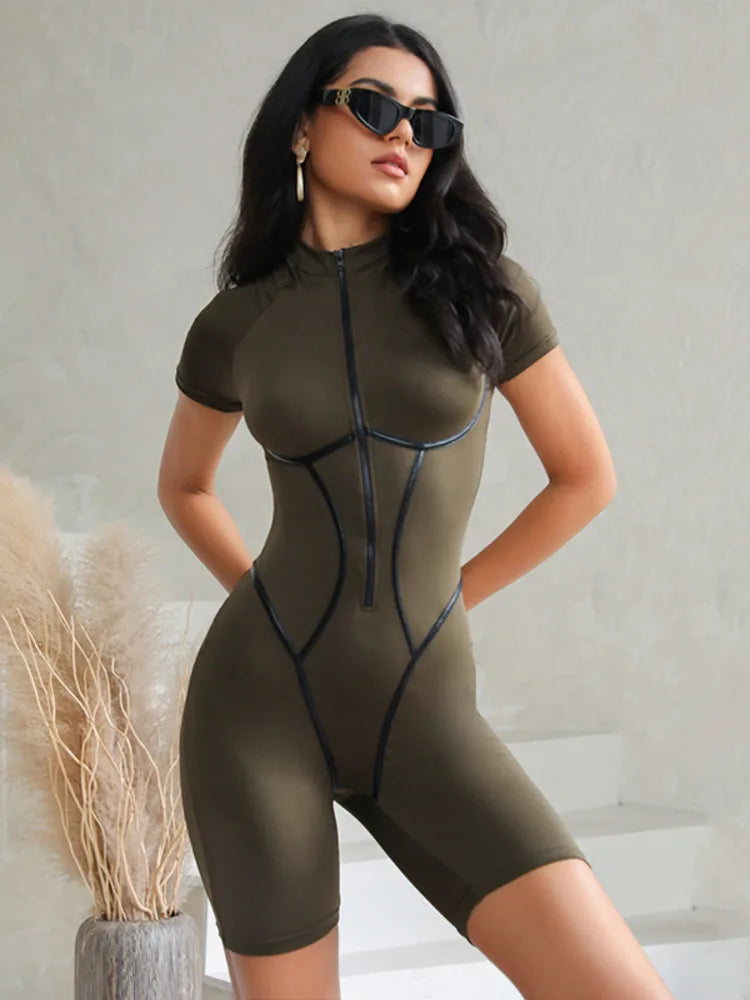 Short Sleeve Sexy Skinny Playsuit for Women Autumn New Zipper PU Leather Striped Bodycon Romper Milanni Fashion