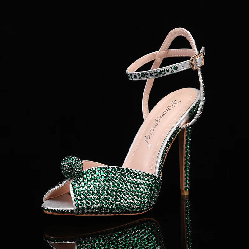 Pearl Studded Luxury Peep Toe High Heels Buckle Designer Sandals for Women Elegant Fashion Footwear Milanni Fashion Green 43