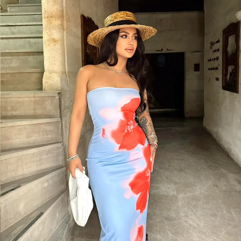 Sexy Strapless Print Tube Maxi Dress Women Off Shoulder Backless Stretch Long Sundress Maxi Dress Milanni Fashion   