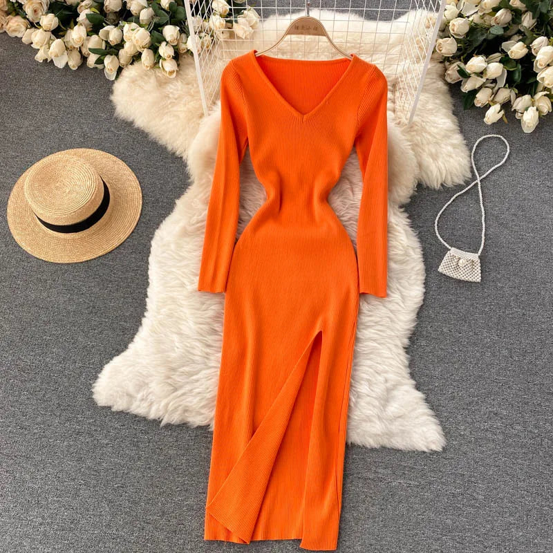 Sexy High Split Sweater Dress Women Full Sleeve Bodycon Slim Long Party Dress For Autumn Winter Milanni Fashion