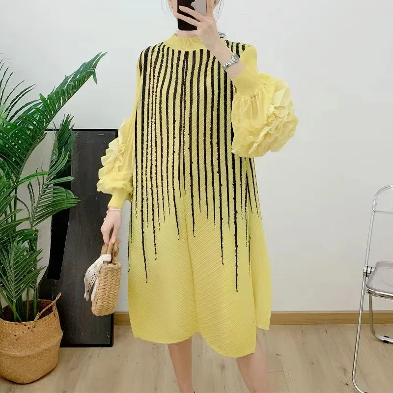 Pleats Pleated Dress Printed Commuter Midi Skirt 2024 Spring and Fall New Collar Hand-shaken Flower Large Size Women's Dress  Milanni Fashion Yellow One Size 