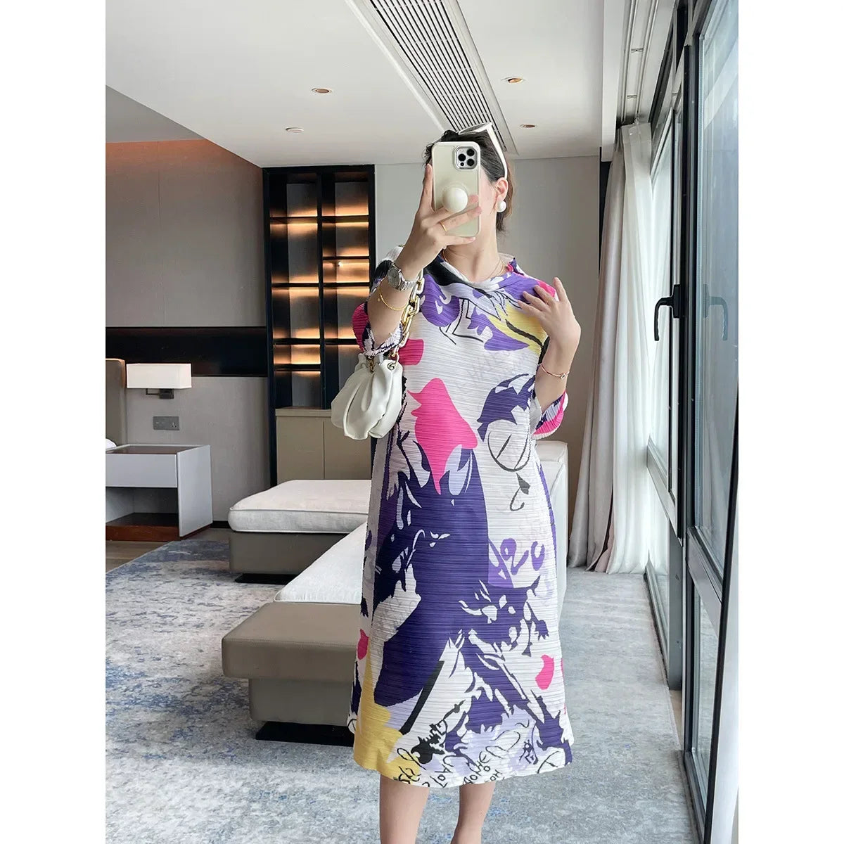 Fall New Senior Sense of Printing Loose Pleated Dress Women Temperament Ageing Thin Dress  Milanni Fashion   