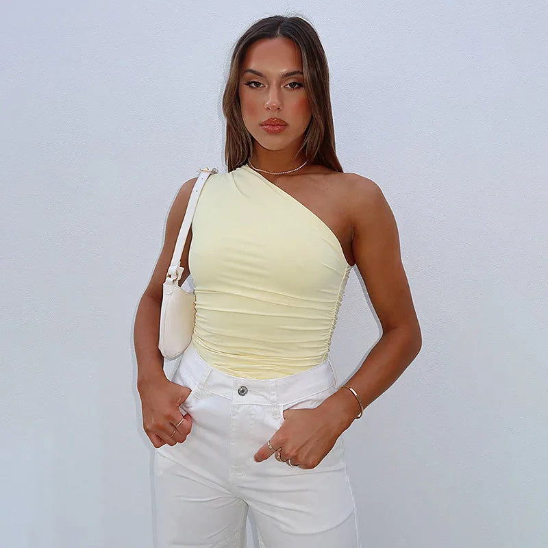 Solid Color One-Shoulder Backless Tank Top Candy Tight Sleeveless Casual Slim T-Shirt Milanni Fashion Yellow M